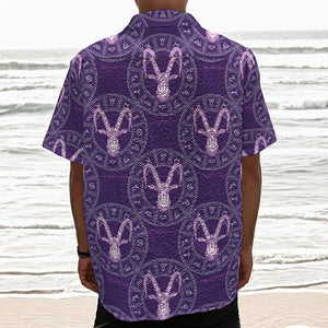 Purple Capricorn Zodiac Pattern Print Textured Short Sleeve Shirt