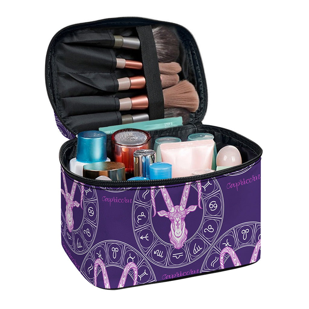 Purple Capricorn Zodiac Pattern Print Travel Makeup Bag
