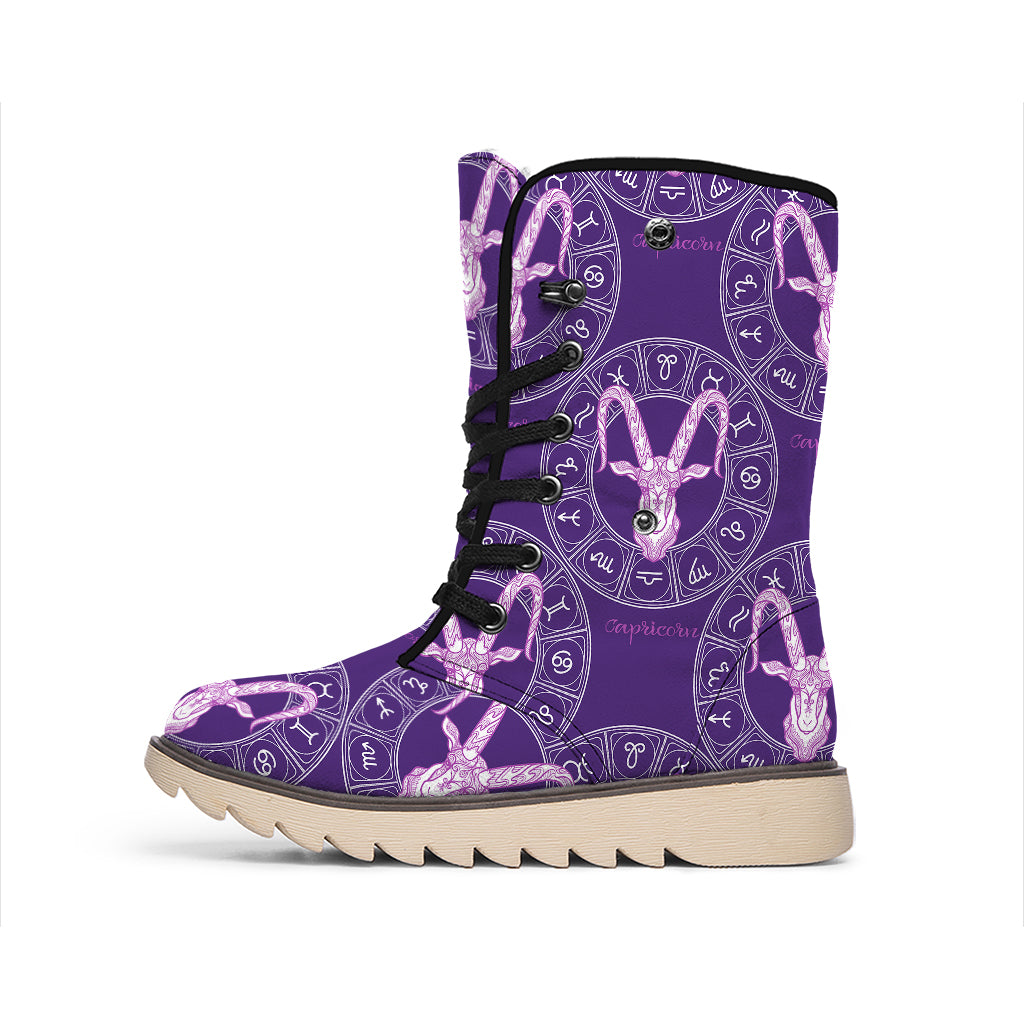 Purple Capricorn Zodiac Pattern Print Winter Boots