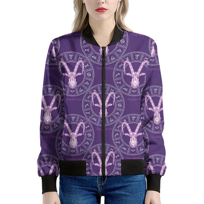 Purple Capricorn Zodiac Pattern Print Women's Bomber Jacket