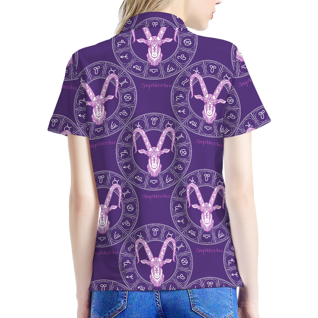 Purple Capricorn Zodiac Pattern Print Women's Polo Shirt