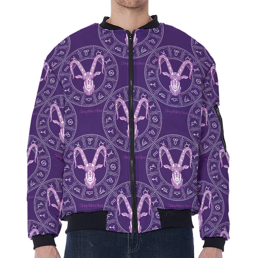 Purple Capricorn Zodiac Pattern Print Zip Sleeve Bomber Jacket