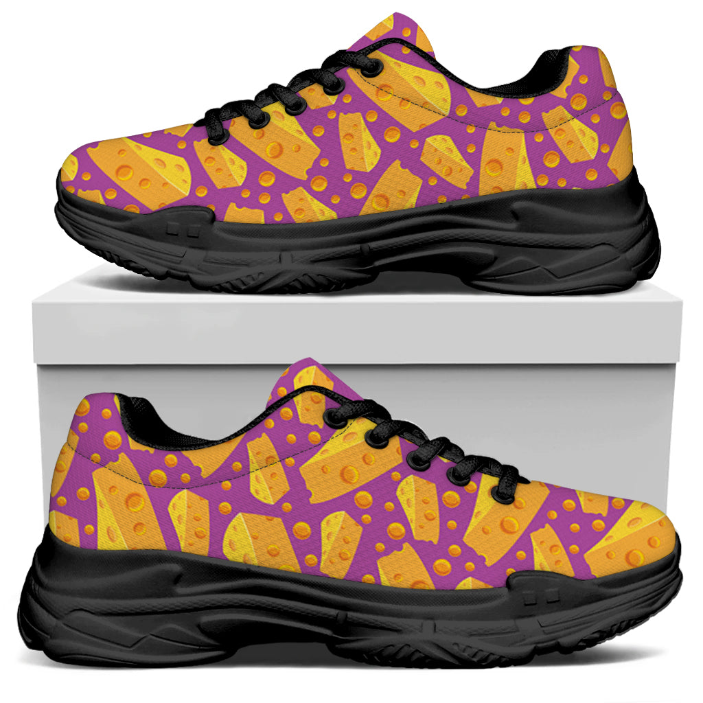 Purple Cheese And Holes Pattern Print Black Chunky Shoes