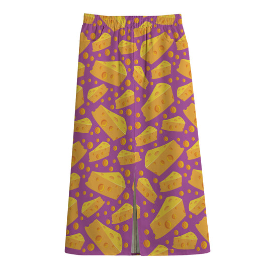 Purple Cheese And Holes Pattern Print Cotton Front Slit Maxi Skirt
