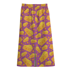 Purple Cheese And Holes Pattern Print Cotton Front Slit Maxi Skirt