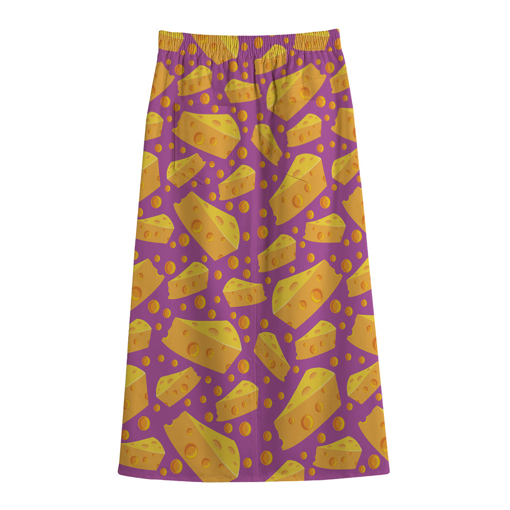 Purple Cheese And Holes Pattern Print Cotton Front Slit Maxi Skirt