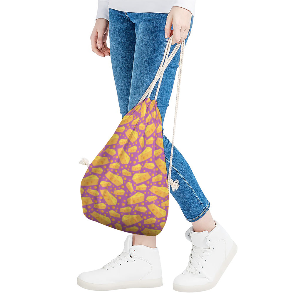 Purple Cheese And Holes Pattern Print Drawstring Bag