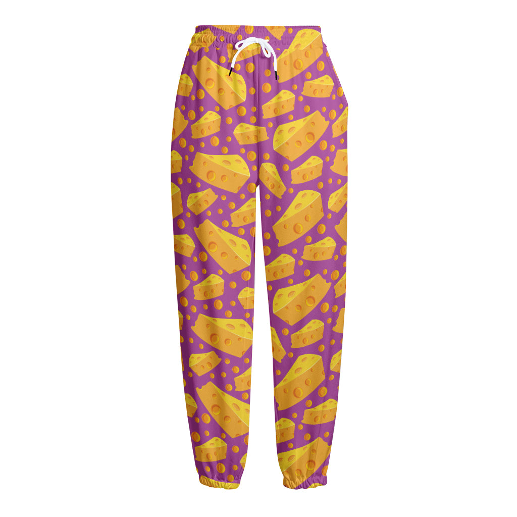 Purple Cheese And Holes Pattern Print Fleece Lined Knit Pants