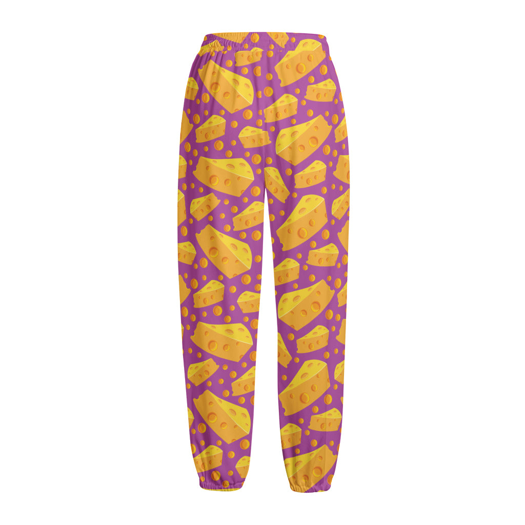 Purple Cheese And Holes Pattern Print Fleece Lined Knit Pants