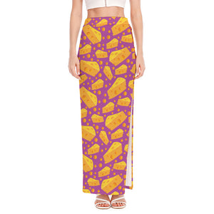 Purple Cheese And Holes Pattern Print High Slit Maxi Skirt