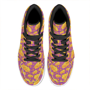 Purple Cheese And Holes Pattern Print High Top Leather Sneakers