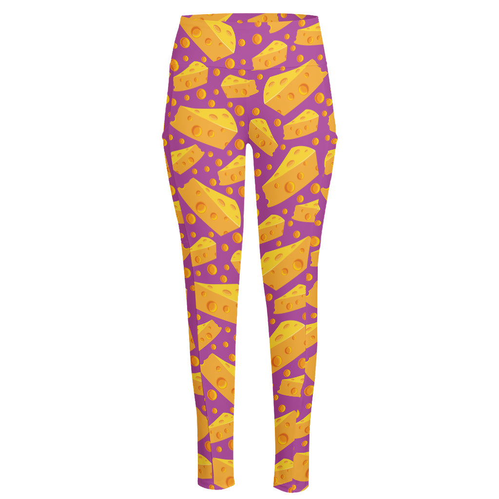 Purple Cheese And Holes Pattern Print High-Waisted Pocket Leggings