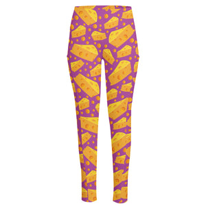 Purple Cheese And Holes Pattern Print High-Waisted Pocket Leggings