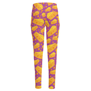 Purple Cheese And Holes Pattern Print High-Waisted Pocket Leggings