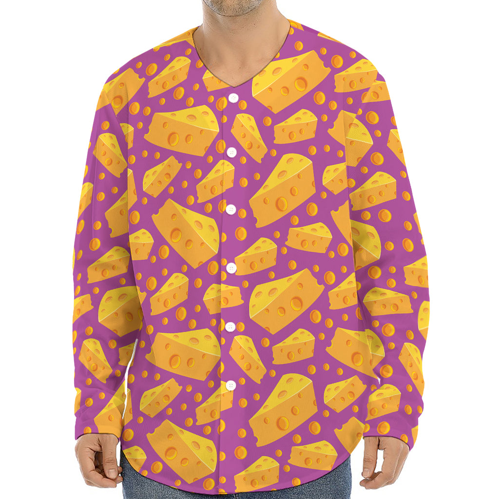 Purple Cheese And Holes Pattern Print Long Sleeve Baseball Jersey