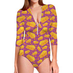 Purple Cheese And Holes Pattern Print Long Sleeve Swimsuit