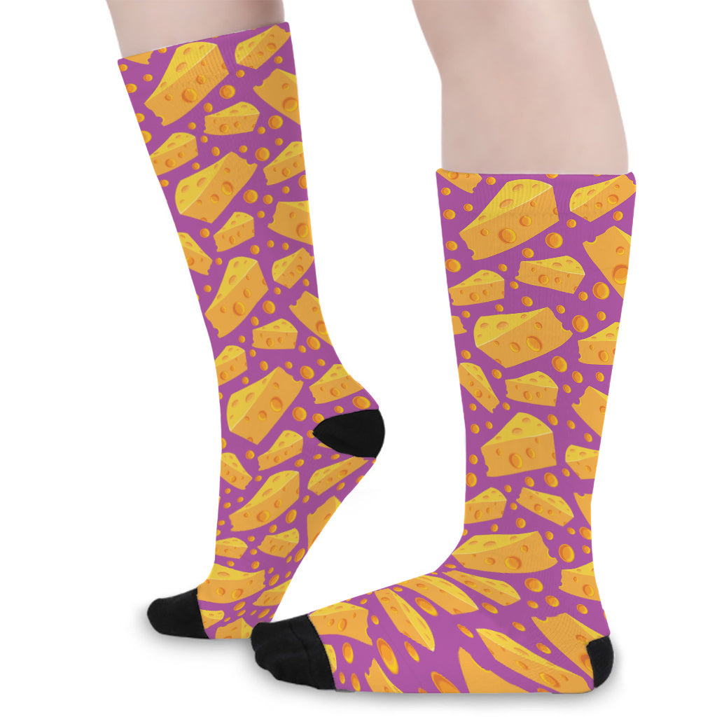 Purple Cheese And Holes Pattern Print Long Socks