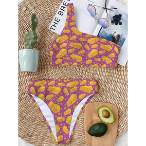 Purple Cheese And Holes Pattern Print One Shoulder Bikini Top