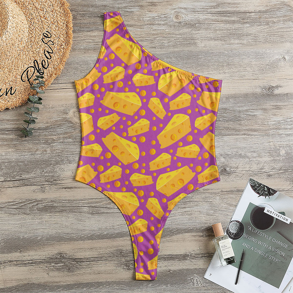 Purple Cheese And Holes Pattern Print One Shoulder Bodysuit