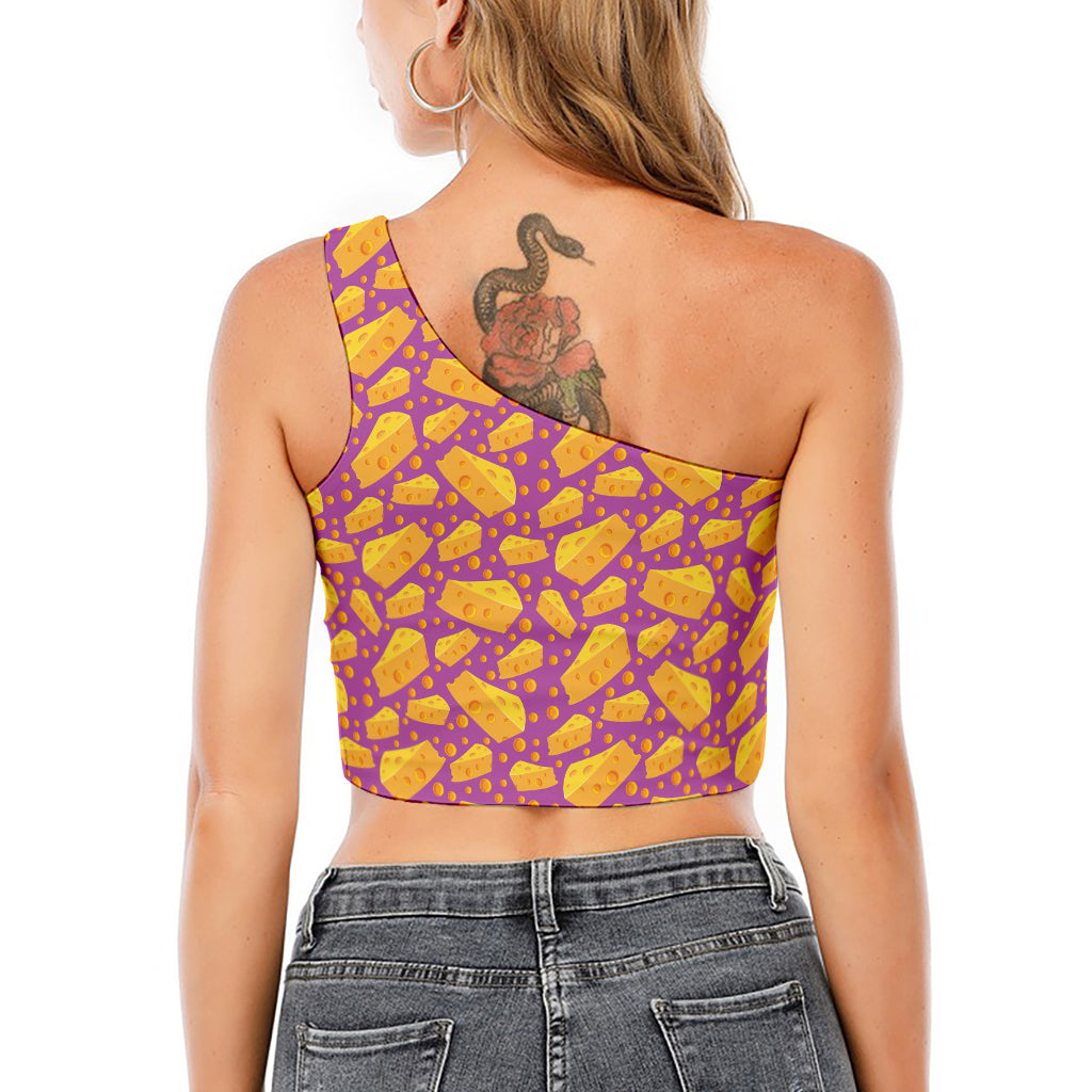 Purple Cheese And Holes Pattern Print One Shoulder Crop Top