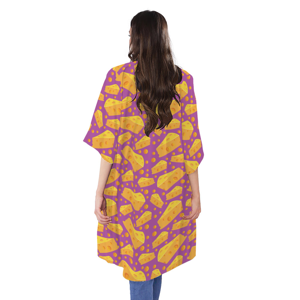 Purple Cheese And Holes Pattern Print Open Front Beach Cover Up