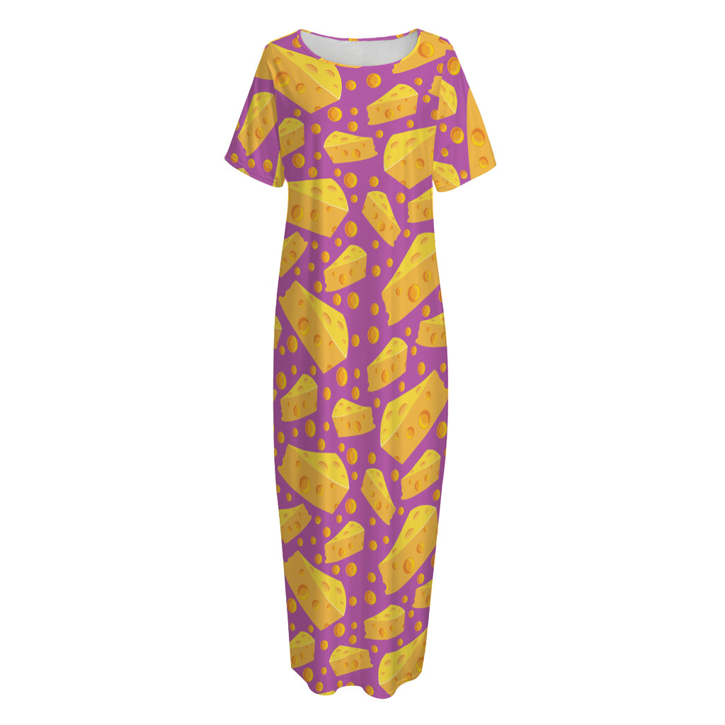 Purple Cheese And Holes Pattern Print Short Sleeve Long Nightdress