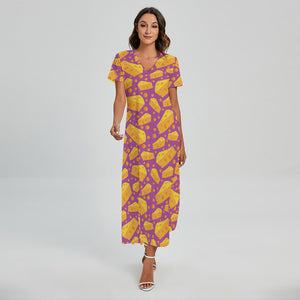 Purple Cheese And Holes Pattern Print Short Sleeve Maxi Dress