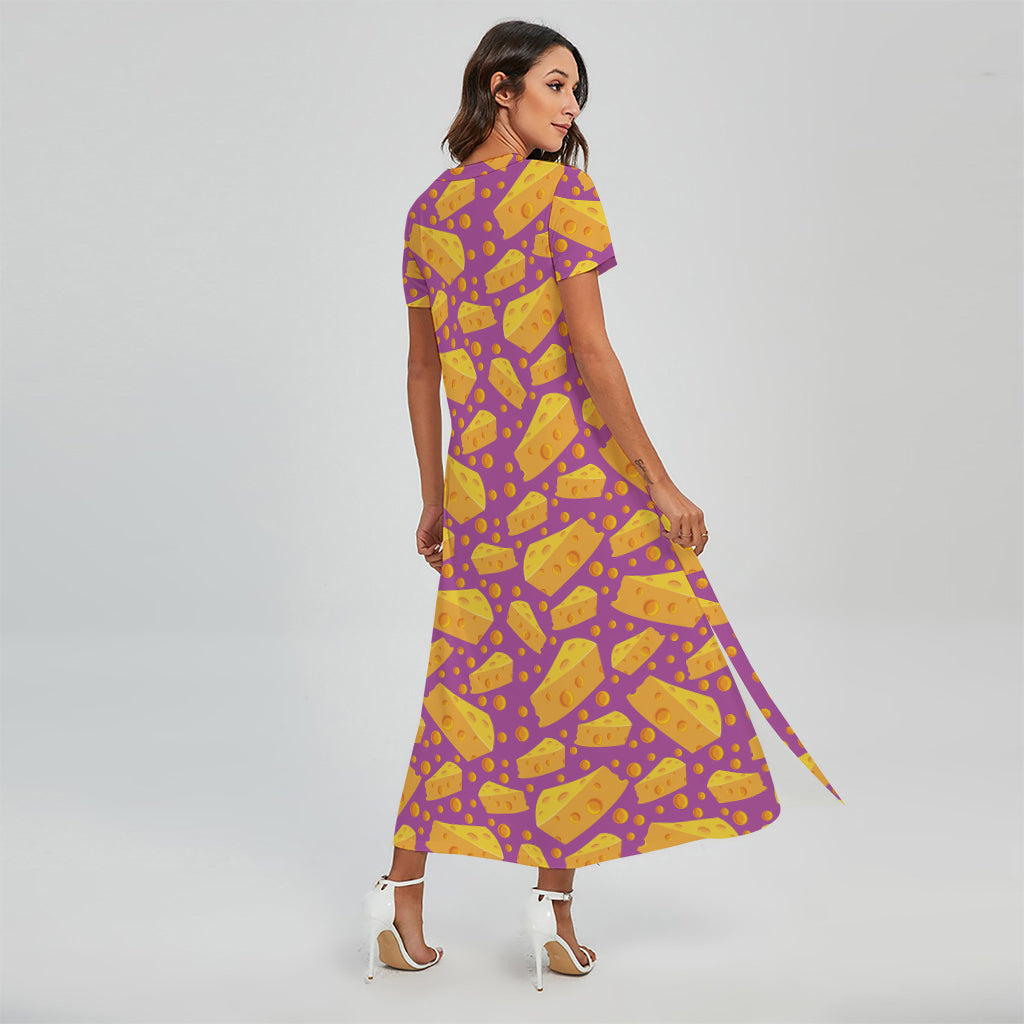 Purple Cheese And Holes Pattern Print Short Sleeve Maxi Dress