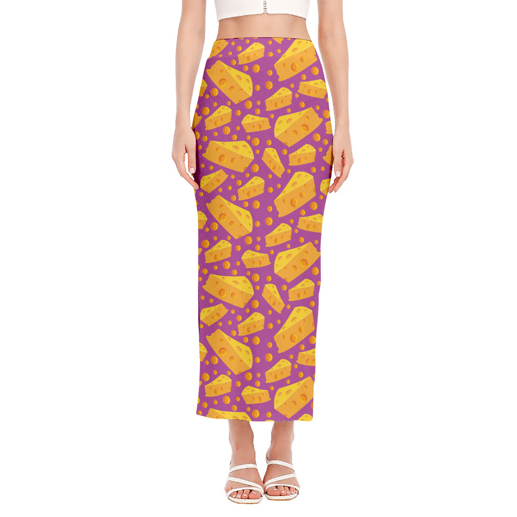 Purple Cheese And Holes Pattern Print Side Slit Maxi Skirt