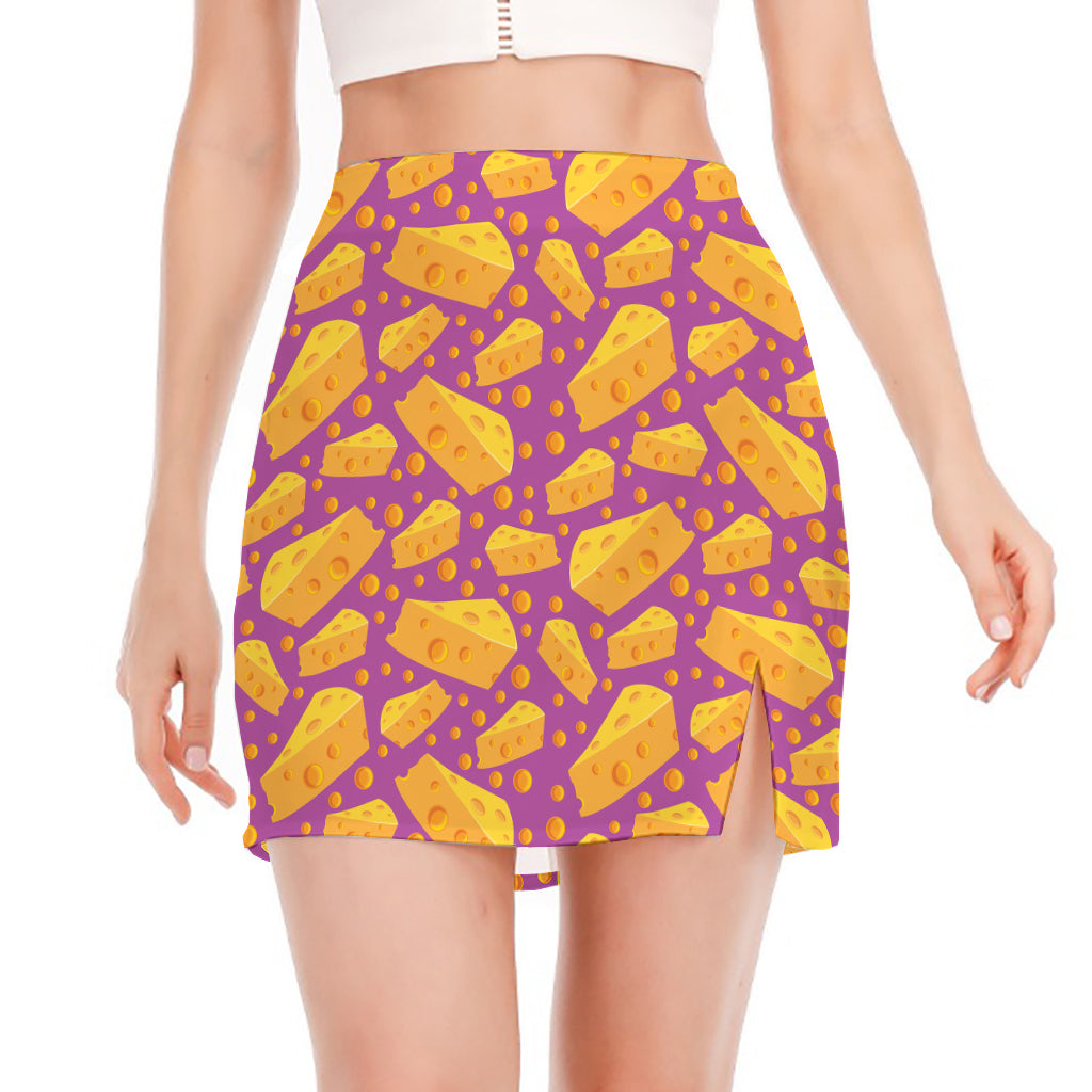 Purple Cheese And Holes Pattern Print Side Slit Mini Skirt