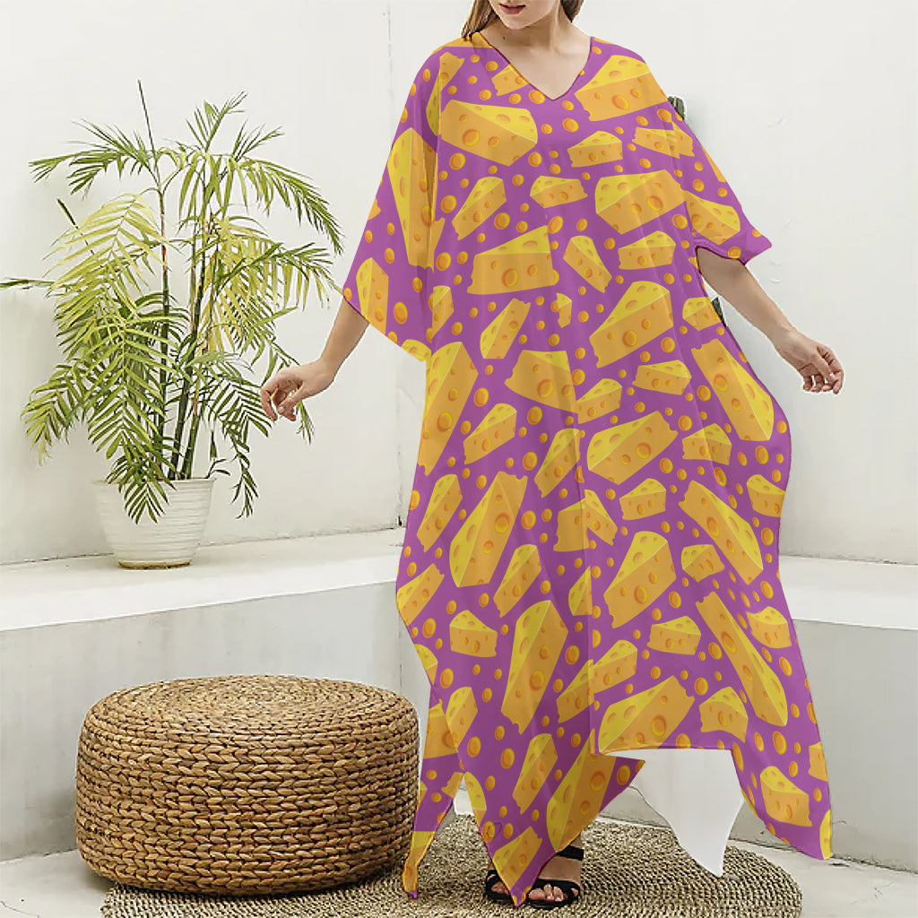 Purple Cheese And Holes Pattern Print Silk V-Neck Kaftan Dress