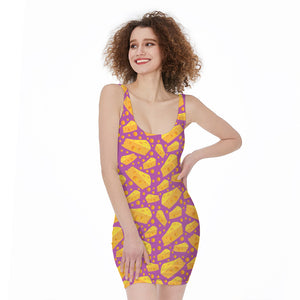 Purple Cheese And Holes Pattern Print Sleeveless Bodycon Dress