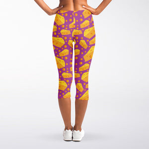 Purple Cheese And Holes Pattern Print Women's Capri Leggings