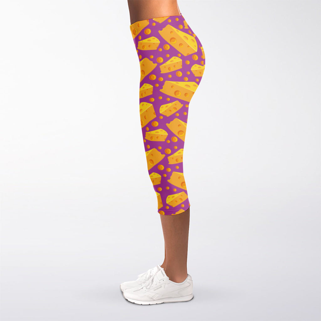 Purple Cheese And Holes Pattern Print Women's Capri Leggings