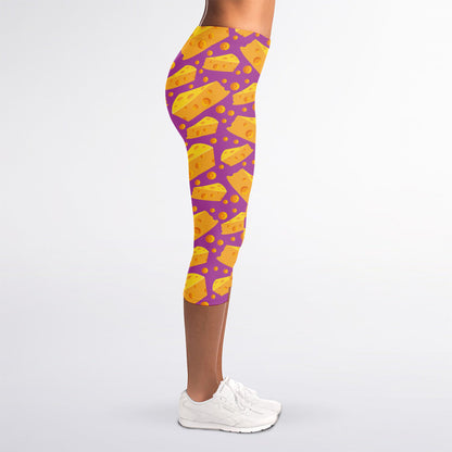 Purple Cheese And Holes Pattern Print Women's Capri Leggings