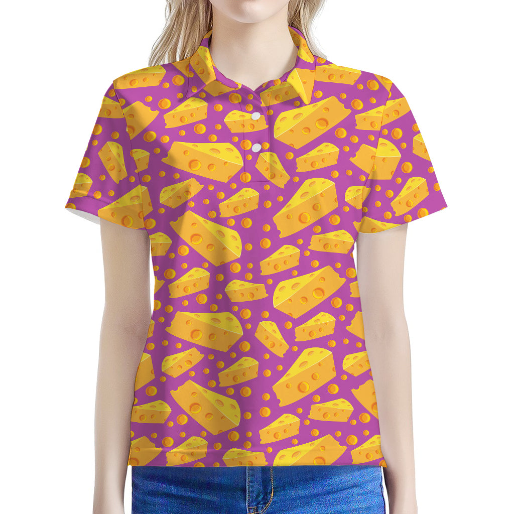 Purple Cheese And Holes Pattern Print Women's Polo Shirt