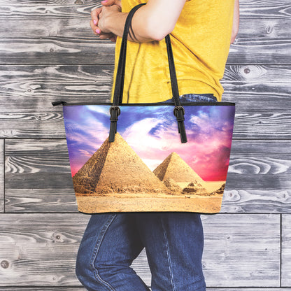 Purple Cloud Pyramid Print Leather Tote Bag