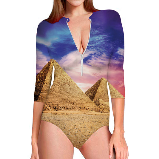 Purple Cloud Pyramid Print Long Sleeve Swimsuit
