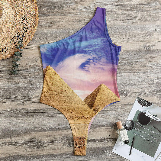 Purple Cloud Pyramid Print One Shoulder Bodysuit