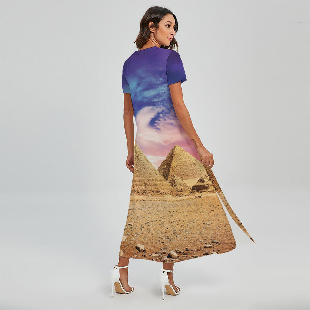 Purple Cloud Pyramid Print Short Sleeve Maxi Dress