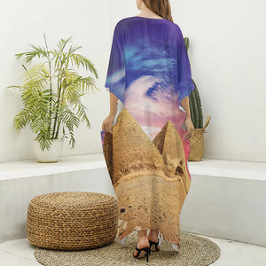 Purple Cloud Pyramid Print Silk V-Neck Kaftan Dress