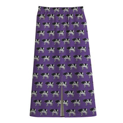 Purple Cow Pattern Print Cotton Front Slit Maxi Skirt