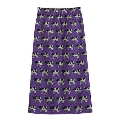 Purple Cow Pattern Print Cotton Front Slit Maxi Skirt