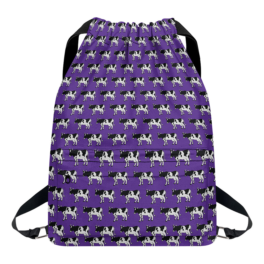 Purple Cow Pattern Print Drawstring Backpack