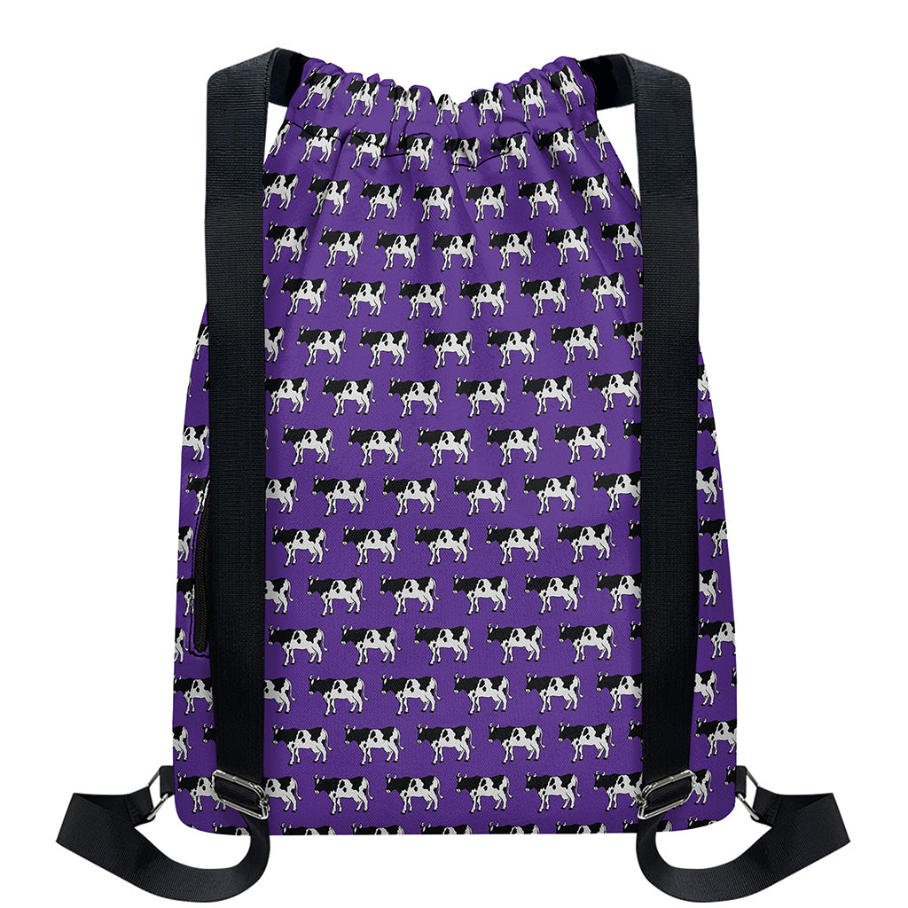 Purple Cow Pattern Print Drawstring Backpack