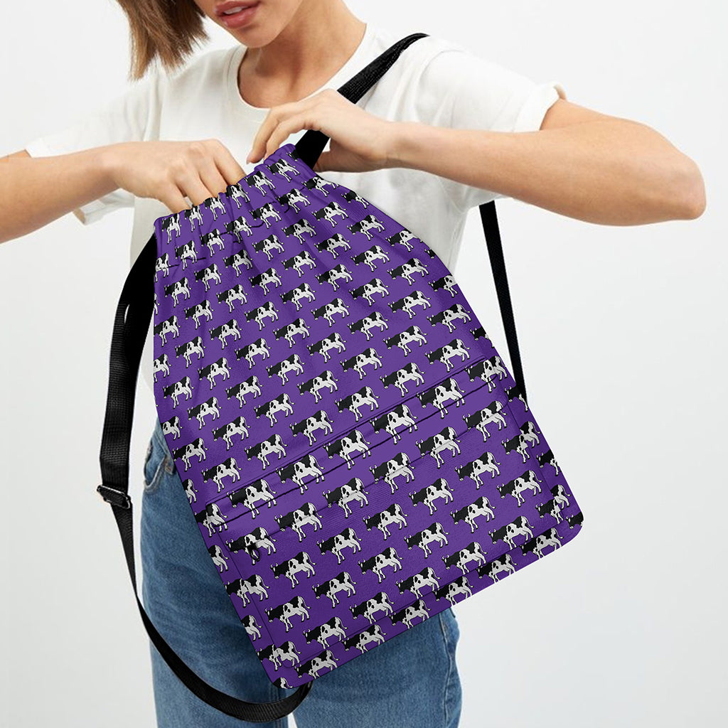 Purple Cow Pattern Print Drawstring Backpack