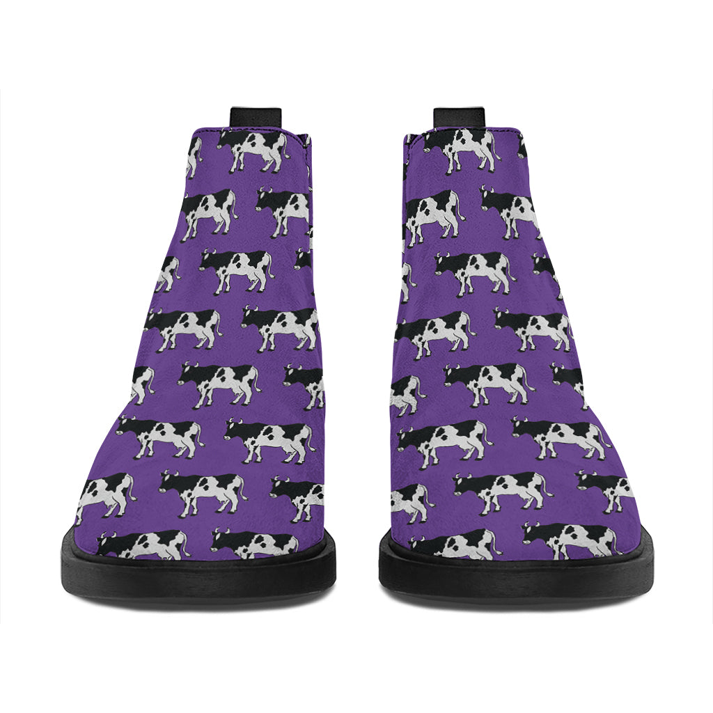 Purple Cow Pattern Print Flat Ankle Boots