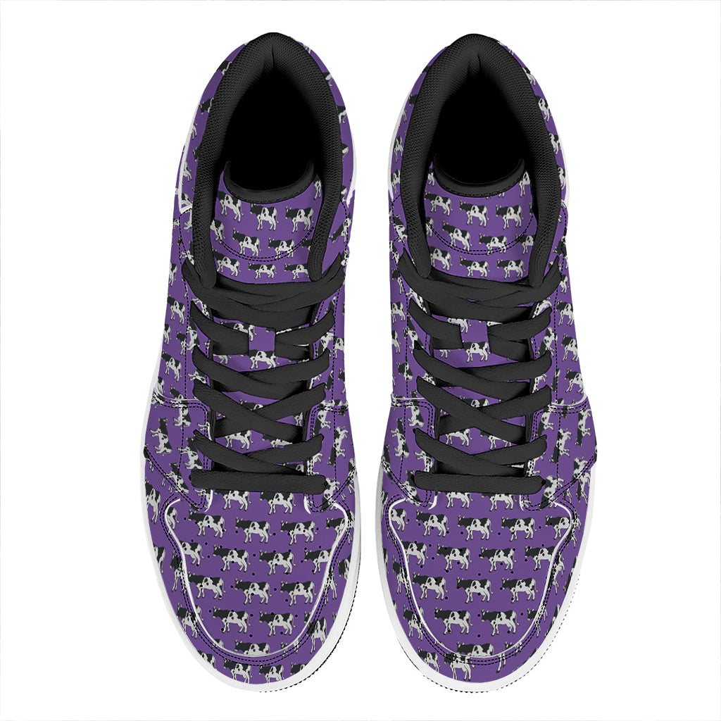 Purple Cow Pattern Print High Top Leather Sneakers