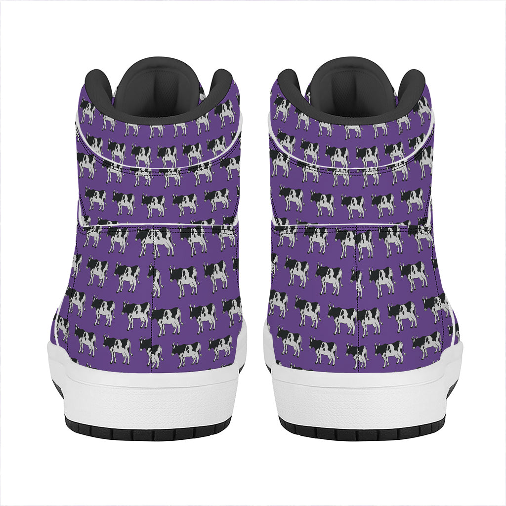 Purple Cow Pattern Print High Top Leather Sneakers