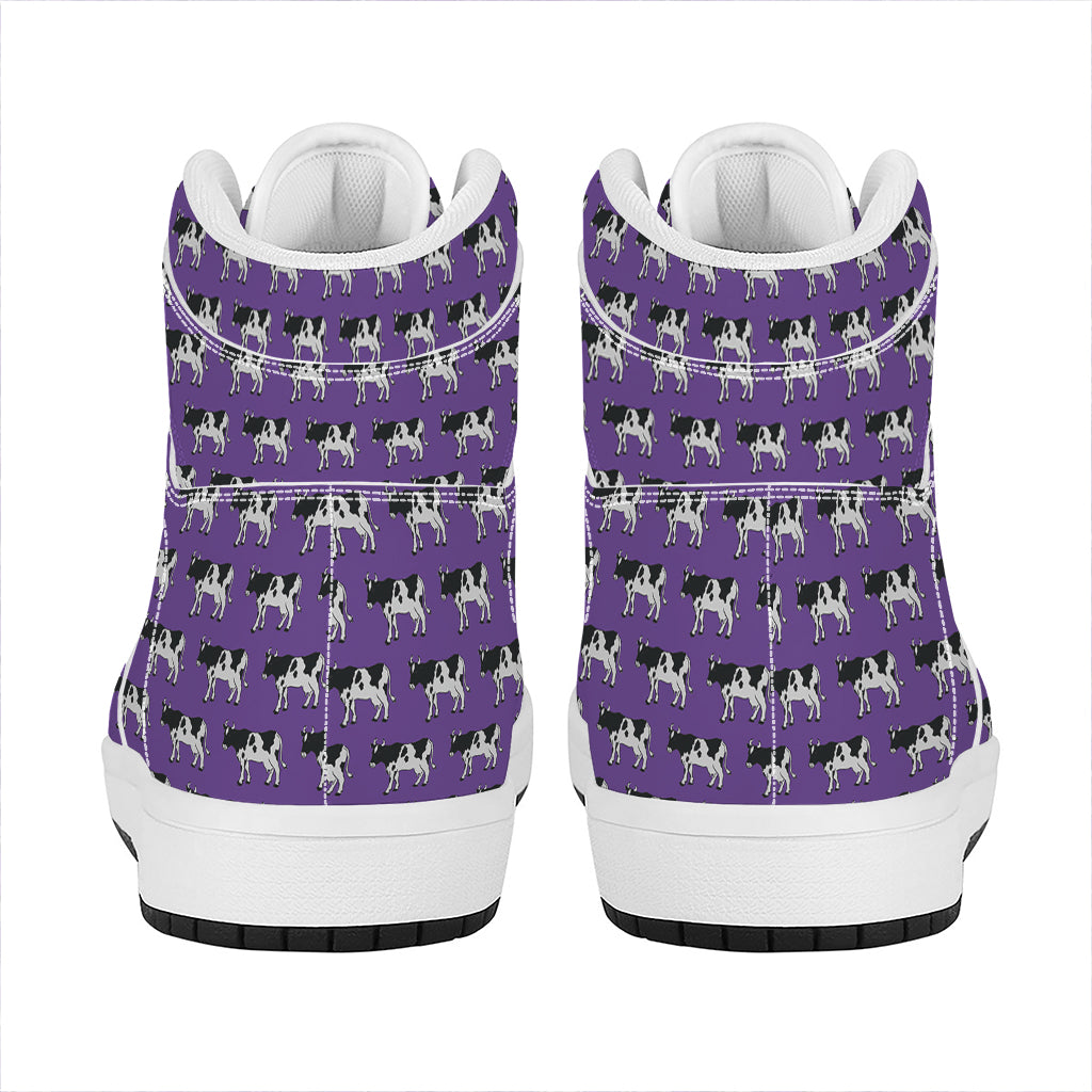 Purple Cow Pattern Print High Top Leather Sneakers